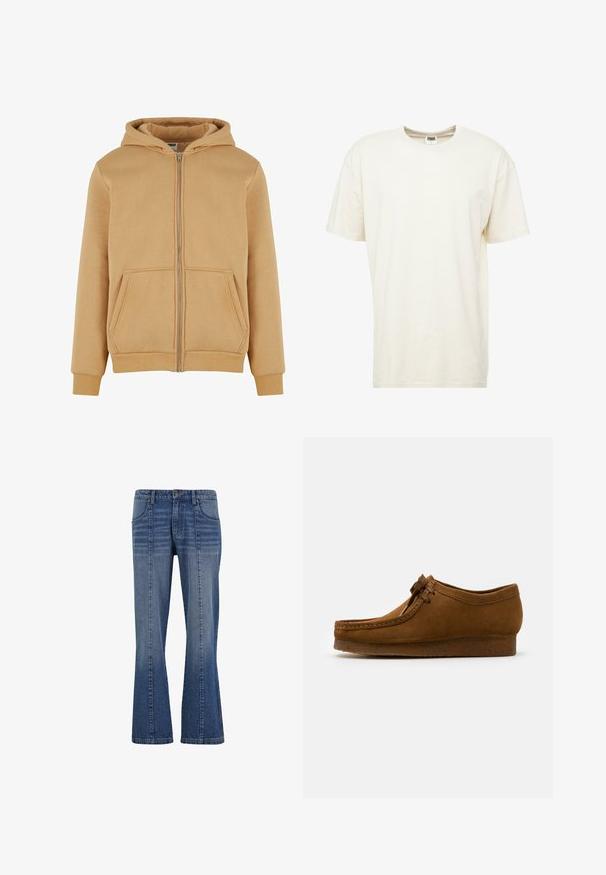 Beige Zip-Hoodie aus weichem Material, mit einem Frontreißverschluss, zwei seitlichen Taschen, gerippten Manschetten und einer gefütterten Kapuze.; Kurzärmliges T-Shirt mit Rundhalsausschnitt in hellcreme Farbe. Hergestellt aus weichem Baumwollmaterial mit einer lockeren Passform und minimalen Nähten.; Hellblaue, ausgestellte Jeans mit mittlerem Farbton. Sie verfügt über fünf Taschen, einen Frontknopfverschluss und subtile Auswaschungen für Textur.; Braune Wildlederschuhe mit runder Spitze und niedrigem Absatz, mit detaillierten Nähten entlang der Nähte und einer Schnürung auf der Vorderseite. Weiche Textur mit schlankem Design.