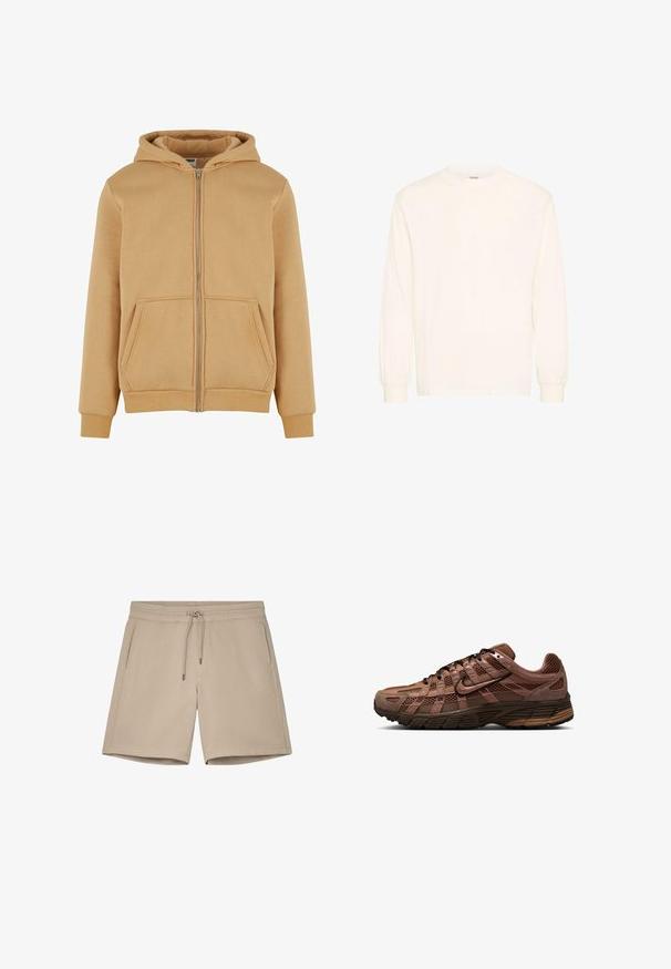 Tan zip-up hoodie lavet af blødt materiale, med en frontlynlås, to sidelommer, ribbet manchetter og en foret hætte.; Langærmet skjorte i off-white bomuld med rund hals og elastiske manchetter, der har et minimalistisk design og blød tekstur.; Beige afslappede shorts med elastisk linning, snøre og sidelommer, lavet af blødt, behageligt stof.; Brun atletiksko med mesh-paneler, ruskindsoverlejringer, sorte snørebånd og en synlig Nike-logo på siden samt en polstret sål.