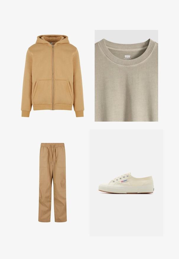 Beige Zip-Hoodie aus weichem Material, mit einem Frontreißverschluss, zwei seitlichen Taschen, gerippten Manschetten und einer gefütterten Kapuze.; Beiges Levi's T-Shirt mit Rundhalsausschnitt, sichtbaren Kragennähten und einem bedruckten Etikett im inneren Nackenbereich.; Tan Cargo-Hosen mit elastischem Bund, Kordelzugverschluss und zwei großen Seitentaschen. Der Stoff wirkt glatt und die Hose hat eine lockere Passform.; Beige Leinen-Sneaker mit niedrigem Profil, Metallösen und Gummisohle. Mit einem strukturierten Muster und einem Logodetail an der Seite.