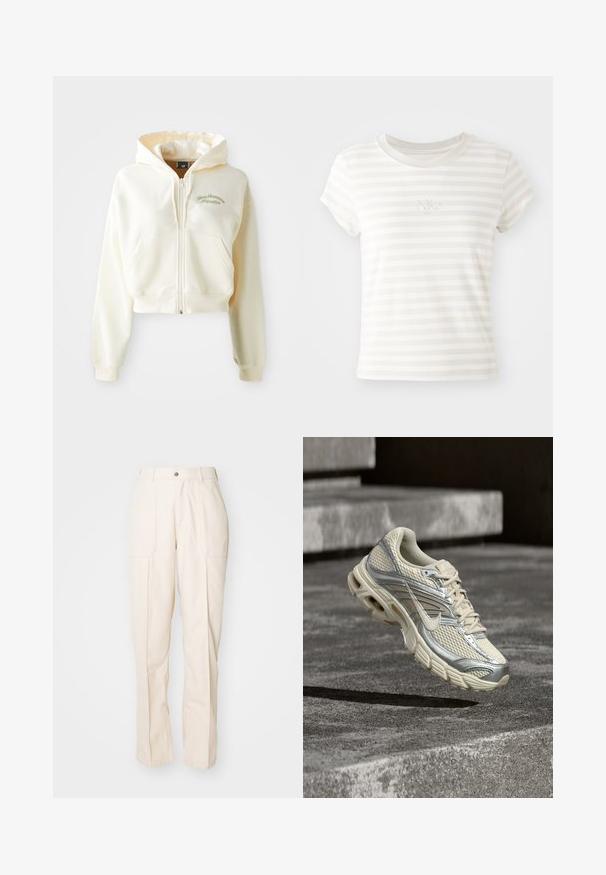 Cropet, lynlås hættejakke i cremefarvet stof med en blød tekstur. Har en hætte, frontlommer og diskret grøn broderi med teksten "New Balance Athletics."; Hvidstribet kortærmet t-shirt lavet af blød bomuld. Har en rund halsudskæring og et lille broderet Nike-logo på brystet.; Beige, lige ben bukser lavet af en bomuldsblanding. Har to forlommer, en knaplukning og synlige sømdetaljer.; Beige og sølv Nike løbesko med mesh og snøredetaljer, svævende over betontrin.