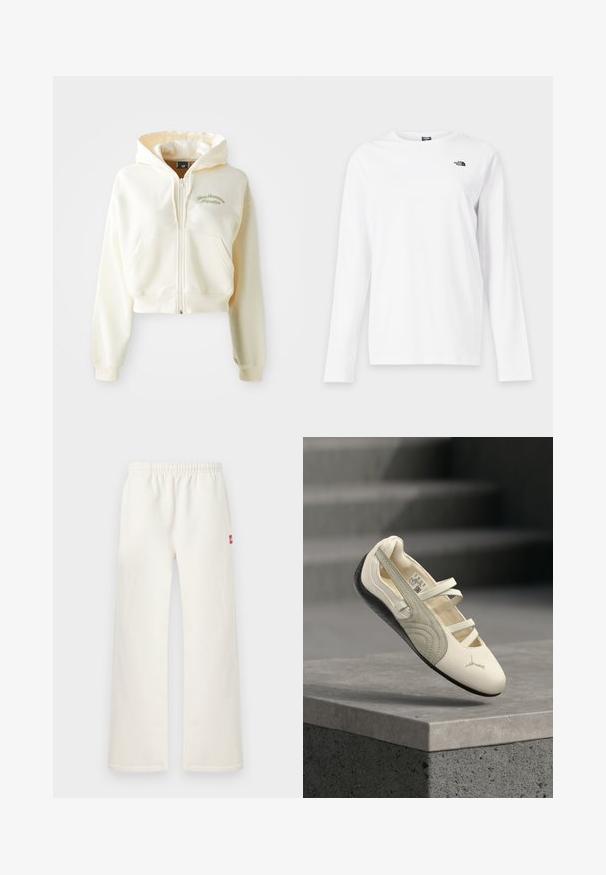 Ingekorte, rits-hoodie van crème stof met een zachte textuur. Beschikt over een capuchon, voorzakken en subtiele groene borduring met de tekst "New Balance Athletics."; Wit shirt met lange mouwen en ronde hals met klein zwart The North Face-logo op de linkerborst.; Off-white broek met rechte pijpen en een elastische tailleband, met een klein rood stukje stof aan de rechterkant, weergegeven tegen een effen lichte achtergrond.; Witte en grijze ballerina-sneaker met drie elastische banden en een zwarte zool, zwevend in de lucht boven een betonnen richel.