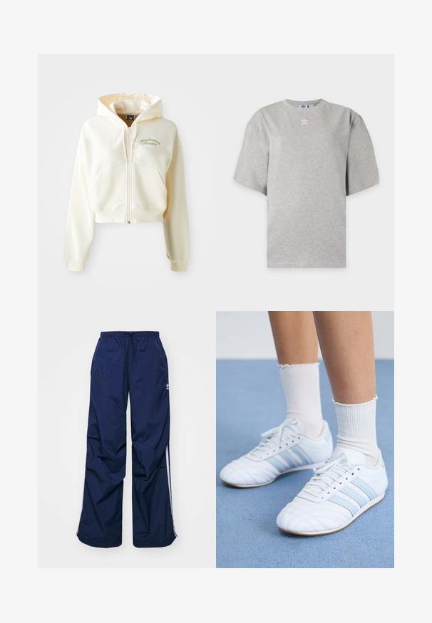 Cropet, lynlås hættejakke i cremefarvet stof med en blød tekstur. Har en hætte, frontlommer og diskret grøn broderi med teksten "New Balance Athletics."; Lysegrå Adidas T-shirt med korte ærmer, rund hals og lille hvid Adidas-logo på brystet, vist på en ensfarvet baggrund.; Marineblå, letvægtsbukser med elastik i taljen og snøre, med hvide sidelister og et lille logo foran. Løs pasform.; Hvide lædersportssko med lyseblå striber, struktureret tåhætte og hvide ankelstrømper. Vist på en blå tæppeoverflade.