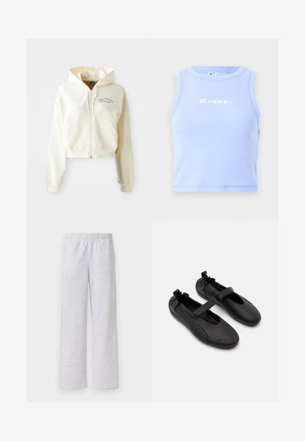 Ingekorte, rits-hoodie van crème stof met een zachte textuur. Beschikt over een capuchon, voorzakken en subtiele groene borduring met de tekst "New Balance Athletics."; Lichtblauw geribbeld tanktop met een ronde halslijn en het "roxy" logo in het wit over de borst; aansluitend ontwerp en cropped lengte.; Lichtgrijze sweatpants met een ontspannen pasvorm, elastische tailleband en een subtiele zijgrafiek, afgebeeld op een witte achtergrond.; Paar zwarte leren Mary Jane schoenen met elastische achterkant en klittenbandsluiting, met een subtiel Puma-logo op elke teen.