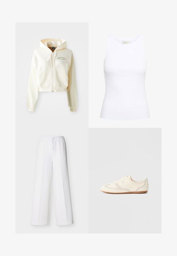 Ingekorte, rits-hoodie van crème stof met een zachte textuur. Beschikt over een capuchon, voorzakken en subtiele groene borduring met de tekst "New Balance Athletics."; Witte geribde tanktop met een ronde halslijn en zonder mouwen. Rekbaar materiaal en een aansluitend ontwerp. Het label op de achterkant zegt "GESTUZ."; Witte, wijdvallende broek met elastische tailleband en trekkoord. Gemaakt van zachte stof met verticale naden voor een op maat gemaakte uitstraling.; Crème-witte sneakers met een bovenwerk van suède en stof, een afgeronde neus en een rubberen zool met een beige accentdetail. Vetersluiting.