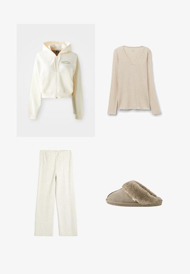 Ingekorte, rits-hoodie van crème stof met een zachte textuur. Beschikt over een capuchon, voorzakken en subtiele groene borduring met de tekst "New Balance Athletics."; Langarm V-hals top in lichtbeige stof met een zachte textuur. Relaxte pasvorm met een rechte zoom en een minimalistisch ontwerp.; Koton WIDE LEG - Trainingsbroek - beige; Beige instapslof met zachte, pluche bontvoering rond de opening en een suède-achtige buitenzool.