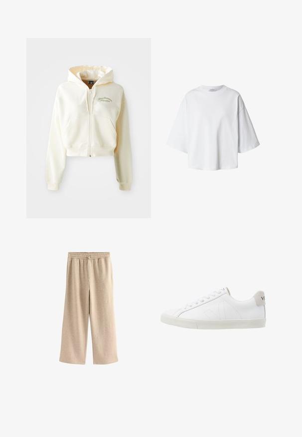Ingekorte, rits-hoodie van crème stof met een zachte textuur. Beschikt over een capuchon, voorzakken en subtiele groene borduring met de tekst "New Balance Athletics."; Witte oversized T-shirt met korte mouwen, ronde hals en losse pasvorm, weergegeven op een eenvoudige achtergrond.; Crème-kleurige wijde broek gemaakt van een zachte katoenmix. Heeft een elastische tailleband met trekkoord en een subtiele gespikkelde textuur.; Witte leren sneakers met een getextureerde lichtgrijze rubberen zool. Kenmerken zijn onder meer veters, subtiele stiksels en een grijze suède hielaccent.