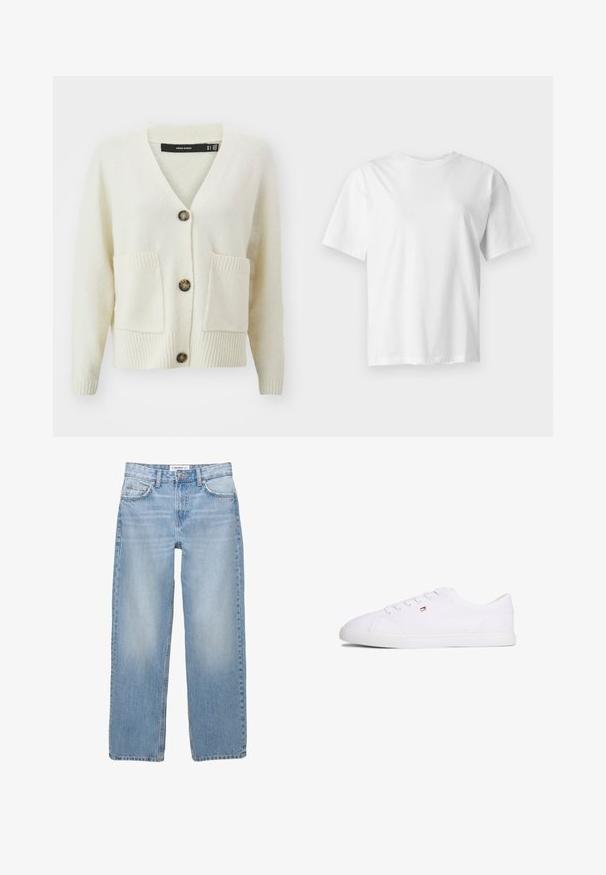 Cardigan crème Vero Moda avec un col en V, trois boutons, tissu texturé et deux poches avant avec un bord en côtes au niveau des poignets et de l'ourlet.; T-shirt blanc uni à manches courtes et col rond, présenté à plat sur un fond gris clair.; Jean en denim bleu clair avec une coupe droite, style cinq poches et des détails de couture visibles. Le tissu a une texture douce et légèrement décolorée.; Baskets blanches basses à fermeture à lacets avec petit logo rouge, blanc et bleu sur le côté, semelle plate en caoutchouc.