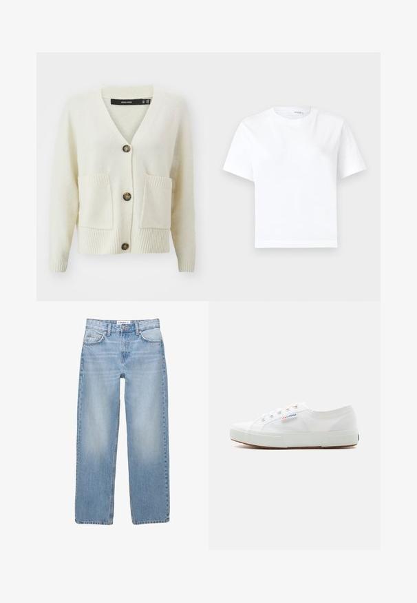 Cardigan en maille crème avec manches longues, col en V, trois boutons en écaille de tortue, deux poches avant et poignets et ourlet côtelés.; T-shirt blanc uni en coton à manches courtes, col rond et ourlet droit, présenté sur fond blanc.; Jean en denim bleu clair avec une coupe droite, style cinq poches et des détails de couture visibles. Le tissu a une texture douce et légèrement décolorée.; Baskets basses en toile blanche avec semelle en caoutchouc blanche, lacets et logo « Superga » sur le côté.
