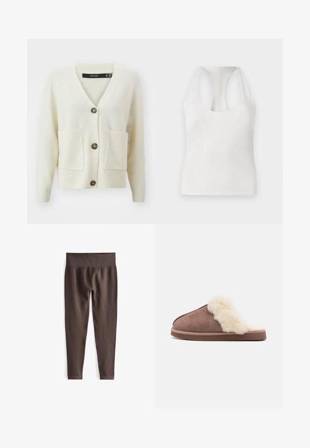 Cárdigan crema de Vero Moda con escote en V, tres botones, tejido texturizado y dos bolsillos frontales con ribetes en los puños y el dobladillo.; Top sin mangas blanco, fabricado con un tejido suave, que presenta un escote redondeado y un diseño tipo racerback, con una textura lisa y sin patrones visibles.; Leggings marrones con relieve y una amplia cinturilla elástica. La tela tiene una textura suave y un diseño ajustado, que se estrecha en los tobillos.; Zapatilla de ante marrón con un suave forro de piel sintética en color crema, diseño de parte trasera abierta y suela de goma plana, que muestra una textura suave y un aspecto acogedor.