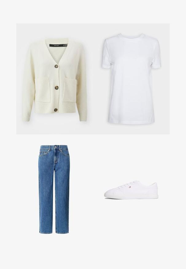 Vero Moda creme cardigan med V-udskæring, tre knapper, struktureret stof og to frontlommer med ribbet kant ved ærmer og kant.; Simpel hvid T-shirt med korte ærmer og rund hals, normal pasform og et lille indvendigt mærke på nakken med teksten "SELECTED FEMME."; Pepe Jeans W11 BOYFRIEND J LW - Jeans Straight Leg - oz blue rigid denim; Hvid lavsko med snørelukning og lille rød, hvid og blå logo på siden, flad gummisål.