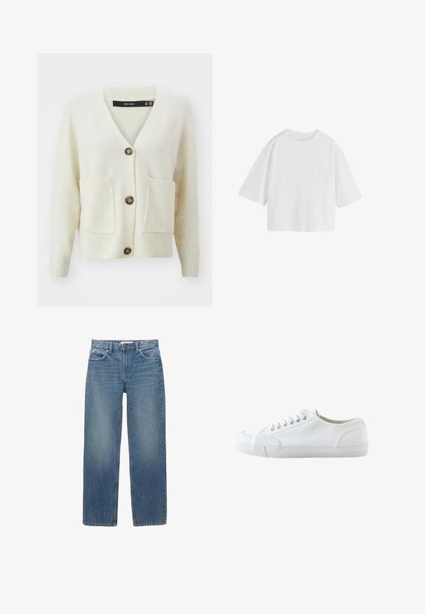 Cardigan crème Vero Moda avec un col en V, trois boutons, tissu texturé et deux poches avant avec un bord en côtes au niveau des poignets et de l'ourlet.; T-shirt écru oversize à manches courtes, col rond et coupe ample.; Jeans en denim bleu clair à coupe droite, avec cinq poches et des éléments en métal de couleur cuivrée. Le tissu présente une légère décoloration et une texture douce.; Baskets basses blanches en toile avec lacets blancs et semelle en caoutchouc, vues de côté sur fond blanc.