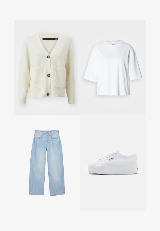 Cardigan crème Vero Moda avec un col en V, trois boutons, tissu texturé et deux poches avant avec un bord en côtes au niveau des poignets et de l'ourlet.; T-shirt blanc court à manches courtes, col rond, en coton doux, avec un design simple et épuré.; Jean large bleu clair avec bouton à l'avant, fermeture éclair, cinq poches, et détails légèrement délavés sur les cuisses.; Baskets en toile blanches avec une épaisse semelle plateforme blanche, bout rond et œillets en métal pour les lacets. Logo de la marque affiché sur le côté.