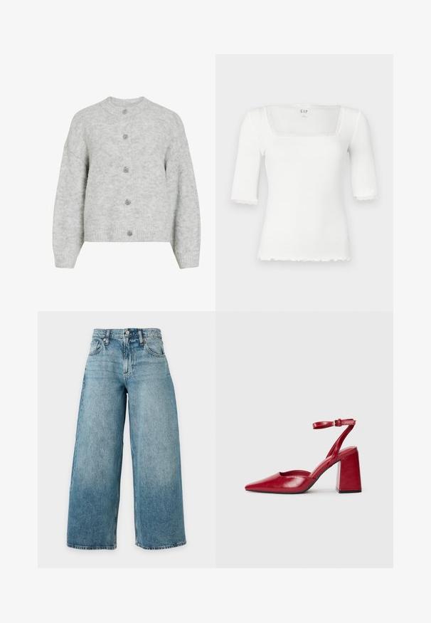 Gilet en maille gris avec un col rond, présentant un design court et cinq boutons décoratifs. Texture douce avec un motif subtil.; Haut blanc ajusté avec un décolleté carré et des manches courtes. Présente une bordure en dentelle le long du col et des bords des manches. Confectionné dans un matériau côtelé.; Jean en denim bleu clair taille haute à jambe large, cinq poches, passants de ceinture et braguette à boutons, présenté sur un fond uni.; Escarpins slingbacks en cuir rouge avec un bout pointu, un talon bloc épais et une seule bride de cheville réglable. Texture lisse, design minimaliste.