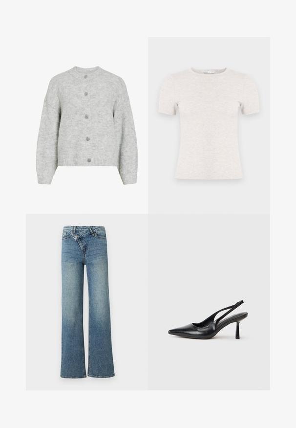 Gilet en maille gris avec un col rond, présentant un design court et cinq boutons décoratifs. Texture douce avec un motif subtil.; T-shirt gris clair à manches courtes en tissu côtelé avec un col rond. Design simple, texture lisse, sans motifs ni accents visibles.; Jean en denim bleu clair à jambes larges avec une taille haute, un délavage clair et une fermeture à bouton à l'avant. Comprend cinq poches et des coutures minimales.; Chaussure à talon haut en cuir noir, à bride arrière, avec un bout pointu et un talon fin sur fond blanc.