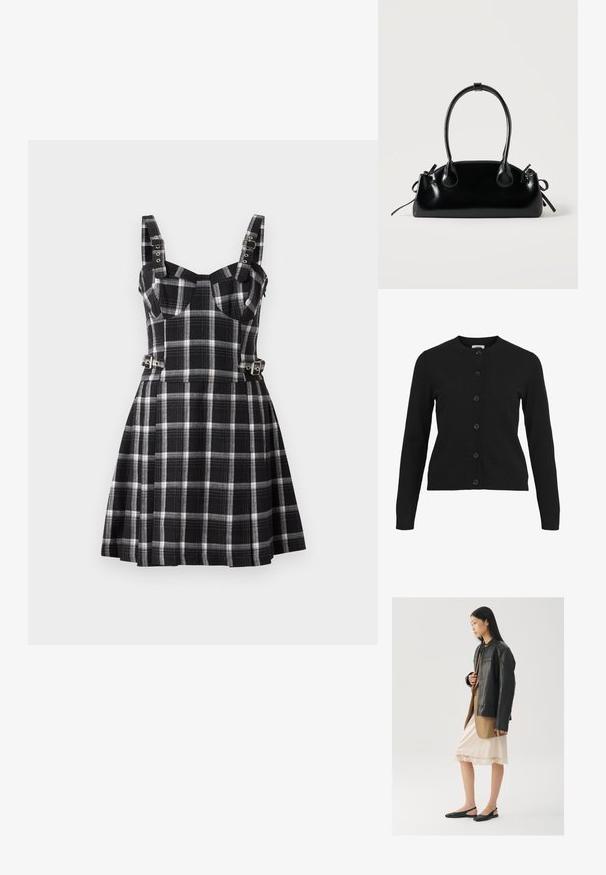 Cardigan noir avec un col rond, des manches longues et une fermeture à six boutons sur le devant. Fabriqué en tissu tricoté doux avec des détails côtelés au niveau des poignets et de l'ourlet.; The Ragged Priest MONARCH DRESS - Robe de jour - black; Veste en cuir noir portée sur un haut marron, associée à une robe légère crème à bretelles avec bordure en dentelle et des chaussures slingback noires.; Petit sac à main noir brillant avec deux longues anses et des détails à cordon sur les côtés sur un fond clair uni.