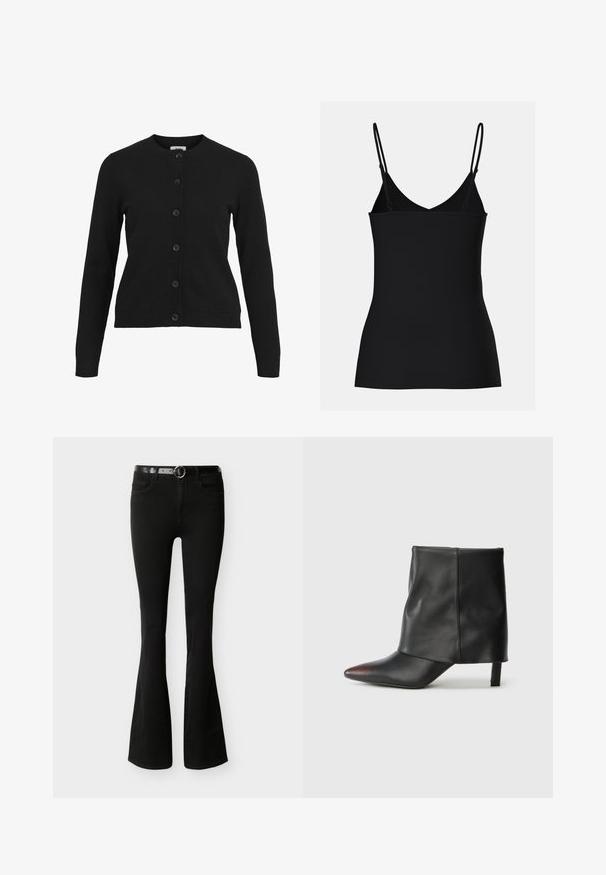 Cardigan noir avec un col rond, des manches longues et une fermeture à six boutons sur le devant. Fabriqué en tissu tricoté doux avec des détails côtelés au niveau des poignets et de l'ourlet.; Débardeur noir avec des bretelles fines et réglables, décolleté en V, coupe ajustée et texture sans couture. Style simple et minimaliste.; Jean noir taille haute évasé avec cinq poches et une ceinture noire dotée d'une boucle ronde argentée.; Bottine noire en cuir lisse avec un bout pointu et un talon effilé. La tige présente un design légèrement froncé.