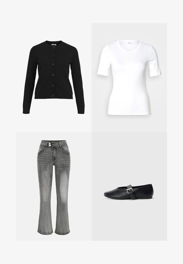 Sort cardigan med rund udskæring, lange ærmer og seks knaplukninger foran. Lavet af blødt strikket stof med ribbet detaljering ved ærmer og nederste kant.; Hvid T-shirt med korte ærmer lavet af glat bomuld, med rund halsudskæring og en tætsiddende pasform. Klassisk design uden mønstre eller detaljer.; Grå denimjeans med høj talje, dobbelt knaplukning, forlommer og let udvidede ben.; Sorte flade lædersko med rund tådesign, der har en sidespænde og en glat overflade. Lav profil sål for nem brug.