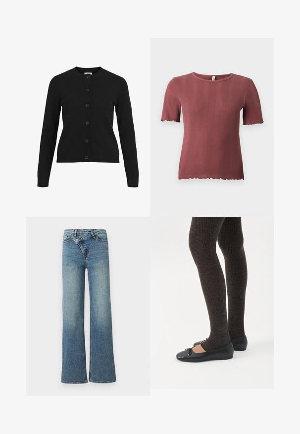 Sort cardigan med rund udskæring, lange ærmer og seks knaplukninger foran. Lavet af blødt strikket stof med ribbet detaljering ved ærmer og nederste kant.; Kortærmet, ribstrikket top i støvet rosa med rund hals og diskret salatkant ved ærmer og kant.; Lyseblå denim jeans med vide ben og høj talje, let falmet effekt og knaplukning foran. Har fem lommer og minimal syning.; Ben iført mørke ribbede leggings kombineret med sorte balletsko med små sløjfedetaljer på hvid baggrund.