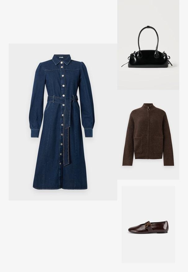 Mørkebrun, fuzzy zip-up cardigan med høj hals, to forlommer og lange ærmer på en hvid baggrund.; Mørkeblå denimkjole med lange ærmer, knaplukning foran, krave og et matchende bælte i taljen; har subtile syninger og lommer.; Mørkebrun laklædersko med stor guldlås og rund tå, vist i sideprofil på hvid baggrund.; Lille sort blank håndtaske med to lange håndtag og snøre-detaljer i siden på en ensfarvet lys baggrund.
