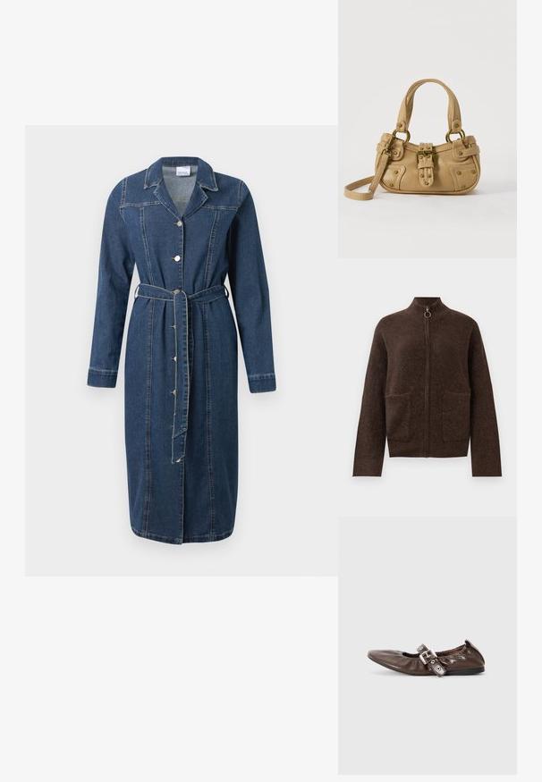 Mørkebrun, fuzzy zip-up cardigan med høj hals, to forlommer og lange ærmer på en hvid baggrund.; Denim skjortekjole i mørkeblå, med lange ærmer, krave, knaplukning og bælte i taljen. Synlige syninger.; Brun lakeret flad sko med spids tå, elastisk sløjfedetalje og en sølvspændeaccent på siden. Sort gummisål.; Beige læderhåndtaske med dobbelte håndtag, messing spænde og nitte detaljer samt en justerbar skulderrem mod en hvid baggrund.