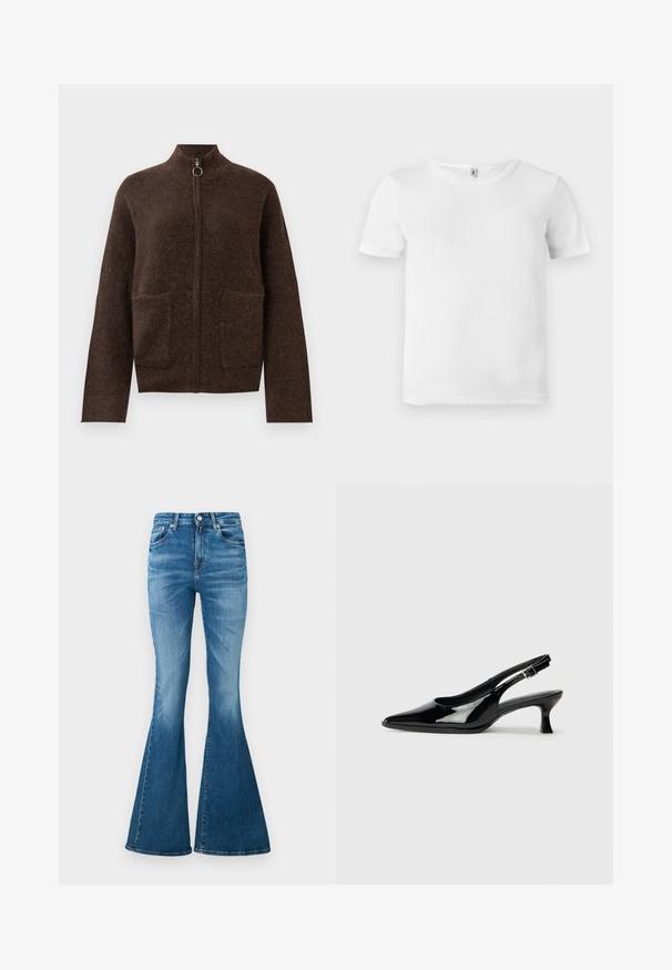 Mørkebrun, fuzzy zip-up cardigan med høj hals, to forlommer og lange ærmer på en hvid baggrund.; Hvid kortærmet t-shirt med ribbet tekstur. Klassisk crew neckline, ingen synlige logoer eller mønstre, og et simpelt, rent design.; Udsvingede jeans lavet af middelvægt denim, med høj talje, lys blå farve, subtil falmning og klassisk fem-lomme design.; Sorte patenterede slingback-sko med spidse tæer og lav blokhæl. Justerbar spænde-rem ved anklen.