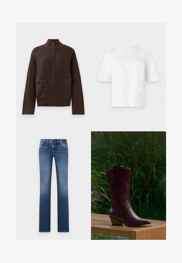 Donkerbruin fuzzy zip-up cardigan met hoge hals, twee voorzakken enlange mouwen tegen een witte achtergrond.; Effen witte T-shirt met korte mouwen en ronde hals, plat weergegeven tegen een lichtgrijze achtergrond.; Blauwe, recht gesneden spijkerbroek met voorste knoop- en ritssluiting en vijf zakken, met lichte vervaging op de dijen en knieën.; Donkerbruine leren cowboylaars met geborduurde patronen, lage schuine hak en aantreklapjes, geplaatst op een houten bank met groene planten op de achtergrond.