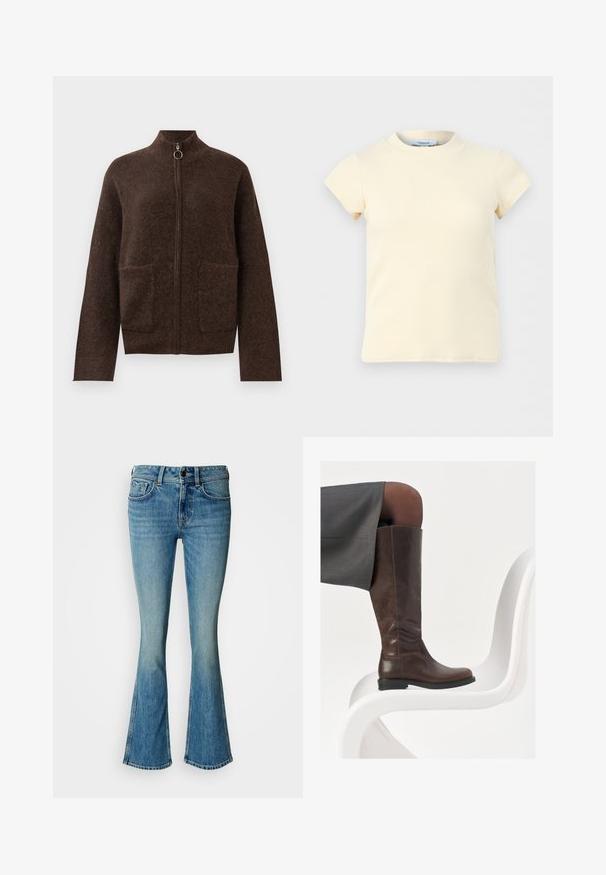Mørkebrun, fuzzy zip-up cardigan med høj hals, to forlommer og lange ærmer på en hvid baggrund.; Kremfarvet, ribstrikket top med korte ærmer og rund halsudskæring, lavet af strækstof, vist mod en ensfarvet lysegrå baggrund.; Lyseblå denim flared jeans med høj talje, med fem lommer og knaplukning. Stoffet har en subtil vask og let tekstur.; Brun læder knæhøj støvle med afrundet tå, glat tekstur og minimale syningsdetaljer, sat mod en lys baggrund på en hvid stol.