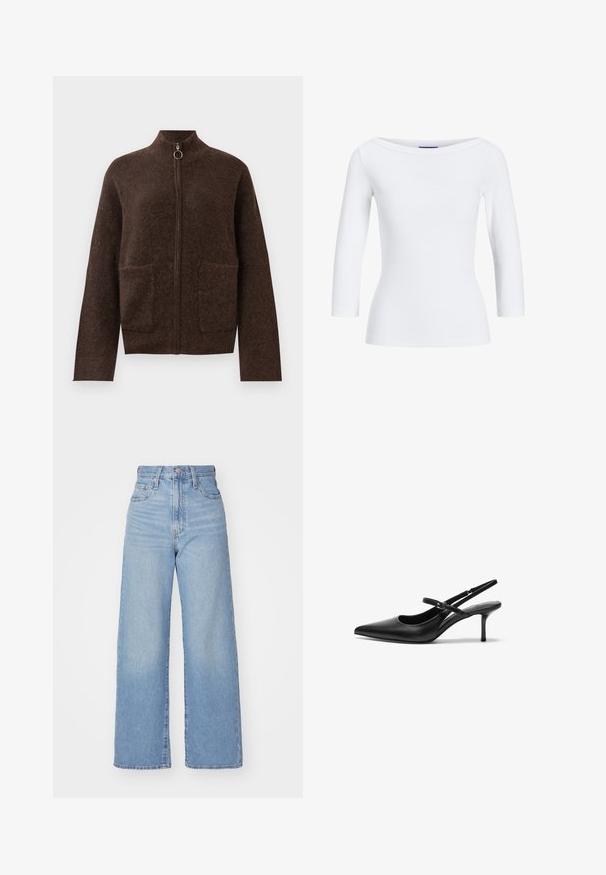 Mørkebrun, fuzzy zip-up cardigan med høj hals, to forlommer og lange ærmer på en hvid baggrund.; Hvid, ribbet langærmet top med bådudskæring. Stoffet er glat, tætsiddende og har en ren afslutning ved manchetterne og kanten.; Lyseblå højtaljede bukser med bred benåbning, med frontknap og lynlås, samt for- og baglommer, på en hvid baggrund.; Sorte læder slingback hæle med spids tå, slank justerbar rem og en stiletto hæl på cirka 5 cm, glat tekstur.