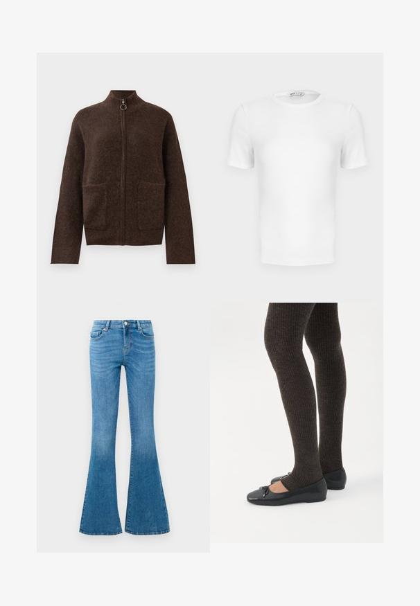 Mørkebrun, fuzzy zip-up cardigan med høj hals, to forlommer og lange ærmer på en hvid baggrund.; Hvid ribstrikket T-shirt med korte ærmer, rund hals og tætsiddende pasform samt en lille mærkeetiket inde i kraven.; Blå denim flared jeans med mellemhøj talje, der har fem lommer, en standard knaplukning og let falmning for struktur.; Ben iført mørke ribbede leggings kombineret med sorte balletsko med små sløjfedetaljer på hvid baggrund.