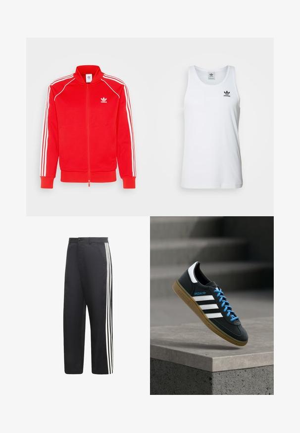 Rød zip-up jakke lavet af glat stof med hvide tre-stribe detaljer langs skuldrene og ærmerne, med et lille logo på brystet.; Hvid ribbet tanktop med rund halsudskæring, sort Adidas-logo på venstre bryst og uden ærmer. Blødt bommateriale, afslappet pasform.; Sorte bukser med lige ben og tre hvide lodrette striber ned langs ydersiden af hvert ben.; Sort Adidas sneaker med hvide striber, blå snørebånd og gummisål, der svæver over gråt betontrin i blødt lys.