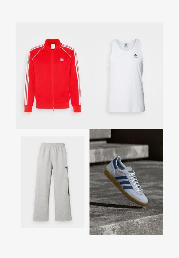 Veste zippée rouge en tissu lisse avec des accents à trois rayures blanches le long des épaules et des manches, avec un petit logo sur la poitrine.; Débardeur blanc à côtes avec col rond, logo Adidas noir sur la poitrine gauche, sans manches. Matière en coton doux, coupe décontractée.; Pantalon de jogging large gris clair avec taille élastique et logo Adidas trefoil noir sur la cuisse droite.; Baskets Adidas Spezial bleu clair avec des rayures bleu marine et une semelle en gomme, montrées en l'air au-dessus d'escaliers en béton dans un environnement extérieur neutre.
