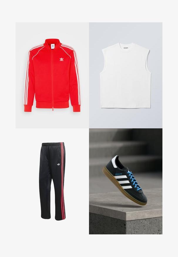 Rød zip-up jakke lavet af glat stof med hvide tre-stribe detaljer langs skuldrene og ærmerne, med et lille logo på brystet.; Hvid ærmeløs bomulds top med rund hals og markerede skulderpartier, mærket "WEEKDAY" på halsmærket, vist på lys grå baggrund.; Sorte træningsbukser med lodret ribbet tekstur, der har røde og hvide sidelommer og en lille hvid logo på venstre ben.; Sort Adidas sneaker med hvide striber, blå snørebånd og gummisål, der svæver over gråt betontrin i blødt lys.