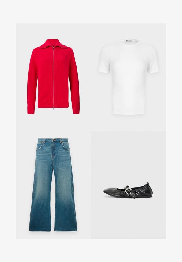 Suéter rojo de punto con cremallera, puños y cuello acanalados, con cuello alto y cierre completo de cremallera metálica.; Camiseta blanca de manga corta con cuello redondo acanalado, corte ajustado y una pequeña etiqueta de la marca en el interior del cuello.; Jeans de mezclilla azul de tiro alto con perneras anchas, bolsillos frontales, cierre de botón y un degradado de color desgastado que va desde la cintura hasta el dobladillo.; Zapato plano de piel negra con puntera afilada, detalle fruncido alrededor de la abertura y un acento de hebilla plateada en la correa ajustable.