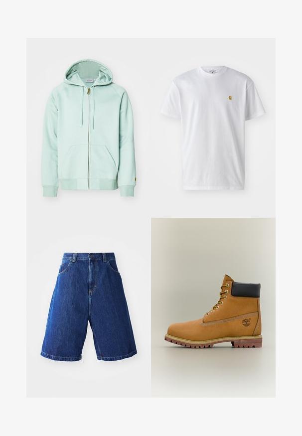 Heled mintsroheline tõmbluku hoodie, mis on valmistatud pehmest kangast. Omab reguleeritavat kapuutsi, kahte esikot, ja soonikservi. Kard logo varrukal.; Valge puuvillane t-särk lühikeste varrukatega, ümmargune kaelus, millel on väike kuldne logo vasakul rinnal. Pehme tekstuur ja regulaarne lõike.; Sinise pesu denim lühikesed püksid, kõrge vöökohaga, kahe esipocketiga ning kollase õmblusega õmblustel.; Pruun nahast pahkluu saabas musta kraega, kollaste paelte ja beežide tallaga. Omab logo ja valge õmbluse detaile. Tugeva haardega välistald.
