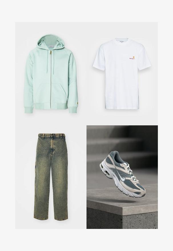 Heled mintsroheline tõmbluku hoodie, mis on valmistatud pehmest kangast. Omab reguleeritavat kapuutsi, kahte esikot, ja soonikservi. Kard logo varrukal.; Valge puuvillane T-särk lühikeste varrukatega. Disainitud väikese oranži ja marooni logoga vasakul rinnal. Omab klassikalist ümarat kaelust.; Laiad teksad pleekinud sinise ja rohelise värviga. Varustatud nööbist sulgemisega, vöökontuuridega ja küljetaskutega. Lame esipaneel ja sirged sääred.; Hall ja valge Nike jooksujalats võrgust pealisega ja pehmendusega tallaga hõljumas betoonserva kohal udusel hallil taustal.