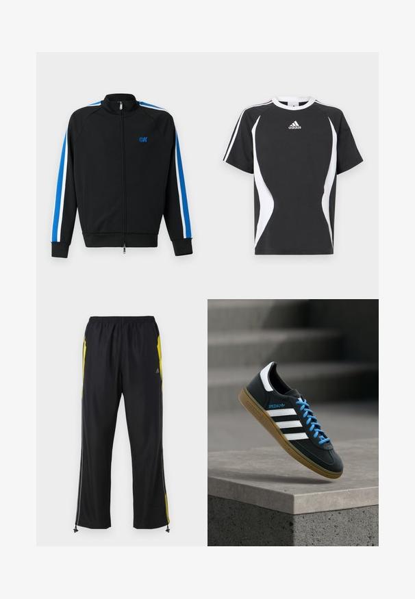 Sort zip-up træningsjakke med høj krave, med blå og hvide striber langs ærmerne og et lille blåt logo på brystet.; Sort kortærmet T-shirt med hvide designdetaljer og Adidas-logo på brystet. Lavet af blødt bomuldsstof med rund hals.; Sorte træningsbukser med gule sideaccenter, elastisk talje og lynlåslommer på siden. Fremstillet af let og glat stof.; Sort Adidas sneaker med hvide striber, blå snørebånd og gummisål, der svæver over gråt betontrin i blødt lys.