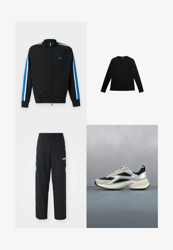 Sort zip-up træningsjakke med høj krave, med blå og hvide striber langs ærmerne og et lille blåt logo på brystet.; Sort langærmet T-shirt lavet af glat stof, med rund hals og et diskret logo på fronten, i en afslappet pasform.; Sorte træningsbukser med elastisk talje, prydet med blå og hvide grafiske detaljer på siderne og et broderet logo.; Moderne sorte og sølvfarvede Calvin Klein sneakers svævende over et trægulv med en sløret udendørs baggrund.
