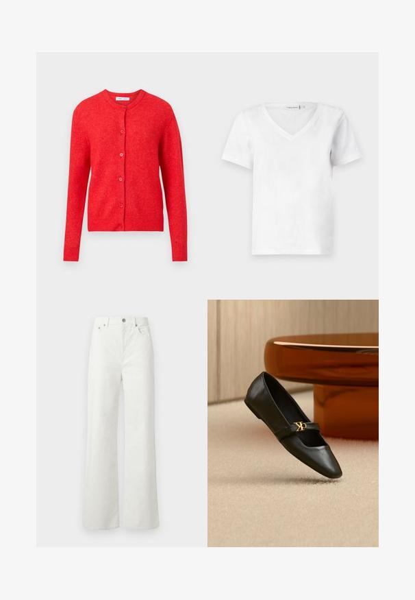 Rød strikket cardigan med lange ærmer, rund udskæring og knaplukning foran. Blød tekstur med ribbede detaljer ved manchetter og i bund.; Hvid kortærmet V-hals t-shirt lavet af bomuld, med en blød tekstur og en klassisk pasform. Etiketten er synlig ved halsudskæringen.; Samsøe Samsøe SHELLY - Jeans Relaxed Fit - clear cream; Sort læder flad sko med spids tå og gyldent CK-logo på rem, placeret på beige tæppe nær et rundt ravbrunt bord.