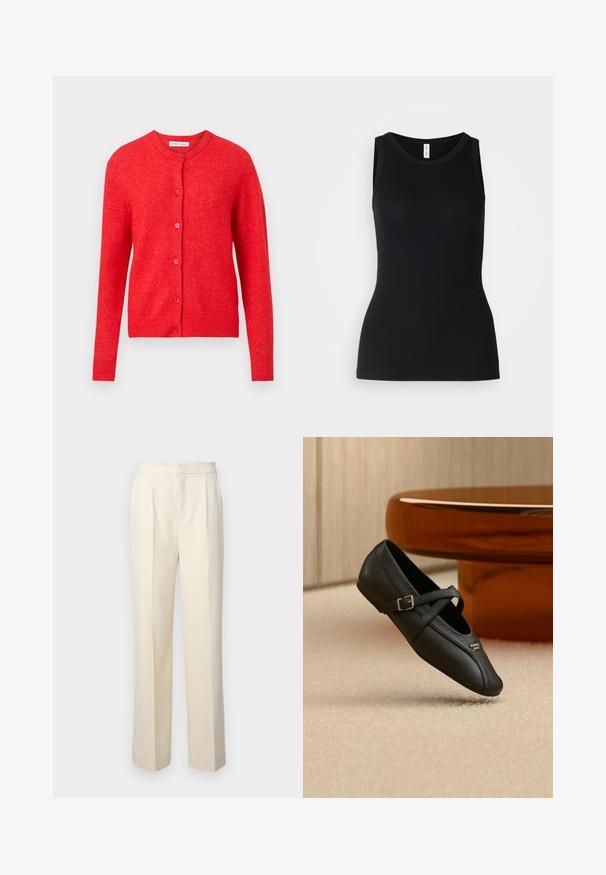 Rode gebreide cardigan met lange mouwen, een ronde halslijn en knoopsluiting aan de voorkant. Zachte textuur met geribbelde accenten bij de manchetten en de zoom.; Zwarte mouwloze tanktop van ribbelstof, met een ronde halslijn en een nauwsluitend ontwerp, met een gladde textuur en zonder patronen.; Op maat gemaakte crèmekleurige broeken met een rechte pijp, voorzien van voorplooien en een gladde afwerking. De tailleband is plat en zonder versieringen.; Zwarte Mary Jane schoen met een zijgesp en een klein metalen logo, geplaatst op een beige tapijt nabij een bruine ronde tafel.