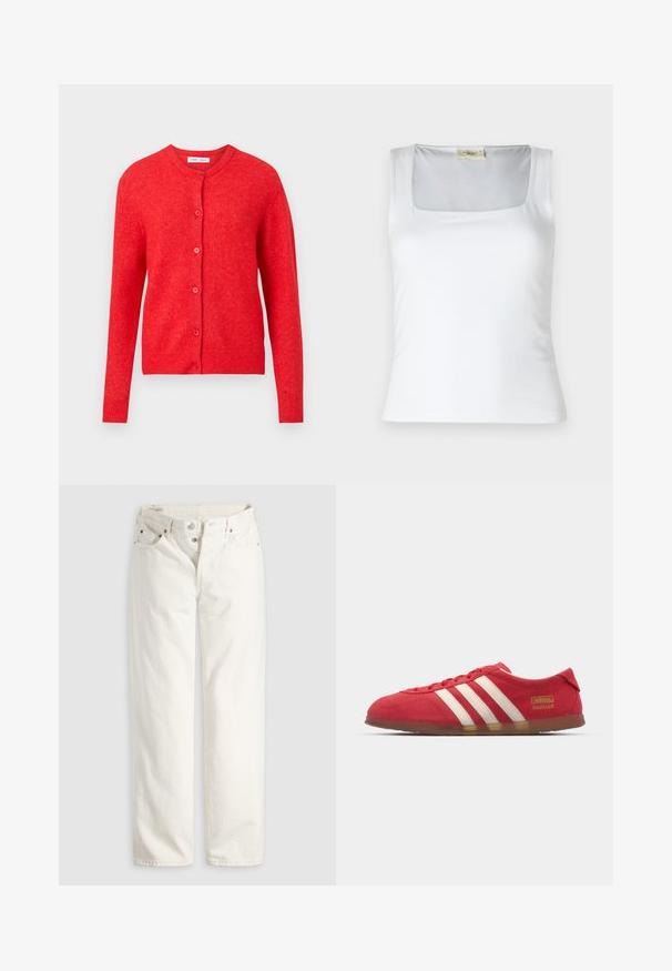 Gilet en tricot rouge avec des manches longues, un col rond et des boutons sur le devant. Texture douce avec des accents côtelés aux poignets et à l'ourlet.; Débardeur blanc à encolure carrée fabriqué en tissu lisse. Présente des bretelles larges et une silhouette ajustée. Aucune motif ou ornement visible.; Jean blanc taille haute à jambes droites avec braguette à boutons, poches avant et arrière, et rivets en cuivre visibles aux coins des poches.; Baskets en daim rouge avec un design à trois rayures blanches, semelle plate et détail logo doré. Design bas avec bout arrondi et fermeture à lacets.