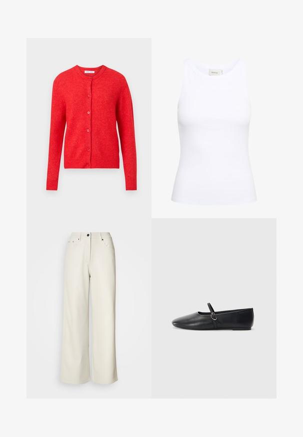 Rode gebreide cardigan met lange mouwen, een ronde halslijn en knoopsluiting aan de voorkant. Zachte textuur met geribbelde accenten bij de manchetten en de zoom.; Witte geribde tanktop met een ronde halslijn en zonder mouwen. Rekbaar materiaal en een aansluitend ontwerp. Het label op de achterkant zegt "GESTUZ."; Crème wijde benen broek van gladde stof. Heeft een mid-rise taille, ritssluiting en twee voorzakken met zwarte hardware accenten.; Zwarte leren balletschoenen met een spitse neus, platte zool en een kleine strap met een zilveren gespsluiting.