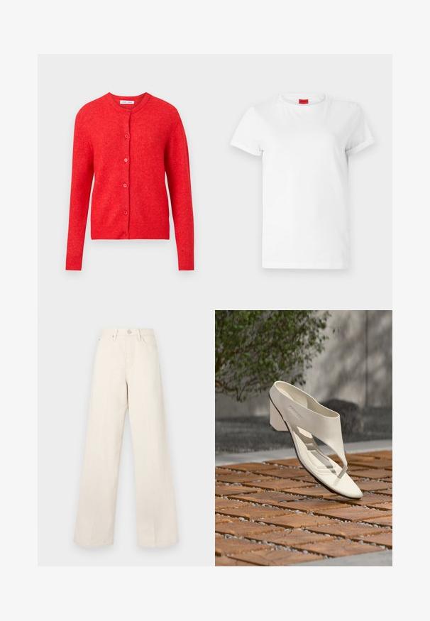 Rød strikket cardigan med lange ærmer, rund udskæring og knaplukning foran. Blød tekstur med ribbede detaljer ved manchetter og i bund.; Hvid kortærmet t-shirt lavet af letvægts bomuld. Har en rund halsudskæring og rullede ærmer. Rød logoetiket på kraven.; Beige vide benbukser med høj talje, lavet af et blødt, tekstureret stof. Har en knapåbning og forlommer for funktionalitet.; Hvid læderhæl sandal med bred rem og tåpost, vist udendørs på en overflade med træ og grusfliser med grønt i baggrunden.