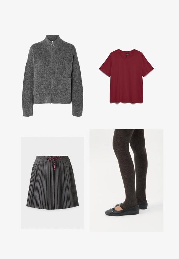 Veste en laine grise foncée et duveteuse, manches longues, col montant, fermeture éclair à l'avant avec une tirette circulaire.; T-shirt à manches courtes, col rond, uni de couleur rouge foncé, présenté à plat sur fond blanc.; Jupe plissée gris foncé avec une taille élastique et un cordon bordeaux noué au centre devant.; Jambes portant des leggings côtelés foncés associés à des ballerines noires avec de petits détails en nœud sur fond blanc.