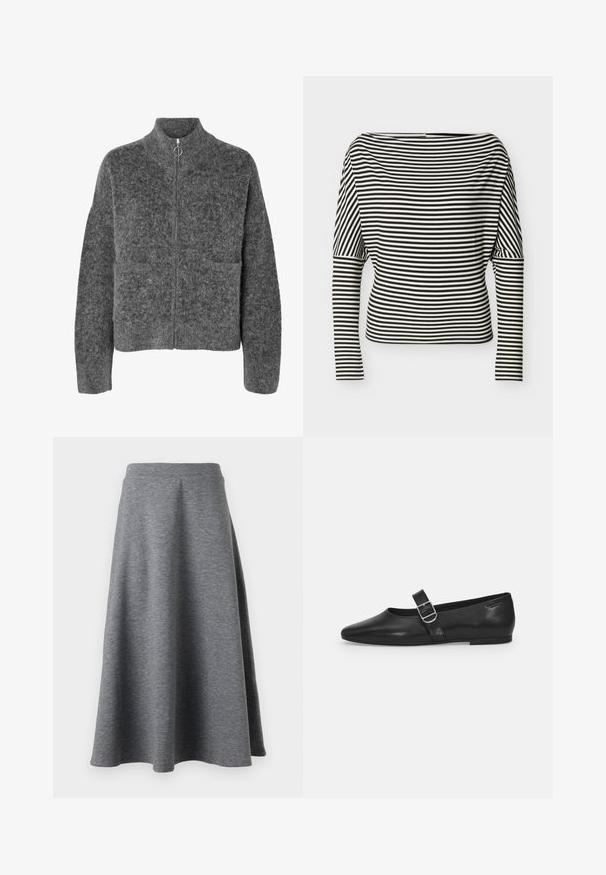 Veste en laine grise foncée et duveteuse, manches longues, col montant, fermeture éclair à l'avant avec une tirette circulaire.; Haut à rayures horizontales noires et blanches, manches longues, encolure bateau et manches ajustées sur un fond uni.; Jupe grise, longueur genou, en matériau doux et extensible, avec un design évasé et une taille élastique pour le confort.; Chaussure plate en cuir noir avec un bout arrondi, une seule sangle réglable à boucle et une texture lisse et brillante. Design minimaliste avec un petit talon.