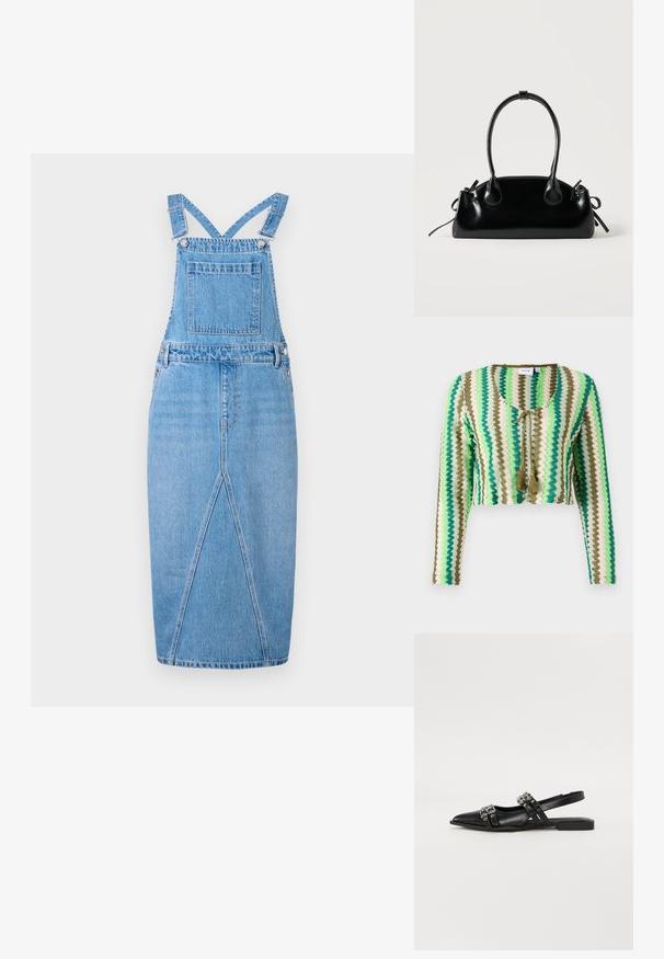 Häkeln-Cardigan in grünen, cremefarbenen und olivfarbenen Streifen. Mit langen Ärmeln, einem runden Halsausschnitt und einem Band mit Quasten vorne.; Hellblaue Denim-Latzkleid mit verstellbaren Trägern, einer Fronttasche, einem geraden Rock mit einem subtilen Schlitz und einer glatten Textur.; Even&Odd by Zalando Sling-Ballerina - black; Kleine schwarze glänzende Handtasche mit zwei langen Griffen und seitlichen Kordelzug-Details vor einfachem hellem Hintergrund.