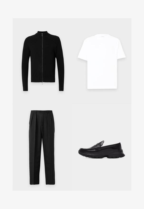 Pull noir zippé avec col haut, accents côtelés aux épaules et texture lisse sur le corps. Manches longues ajustées et ourlet droit.; T-shirt en coton blanc avec un col rond, des manches courtes et une coupe décontractée. Texture lisse, détails minimaux, sans motifs ni graphiques.; Pantalons plissés noirs au design sur mesure, confectionnés en tissu lisse, avec une fermeture à bouton et une coupe droite.; Mocassin noir brillant avec semelle épaisse texturée et détails cousus, profil latéral sur fond gris clair uni.