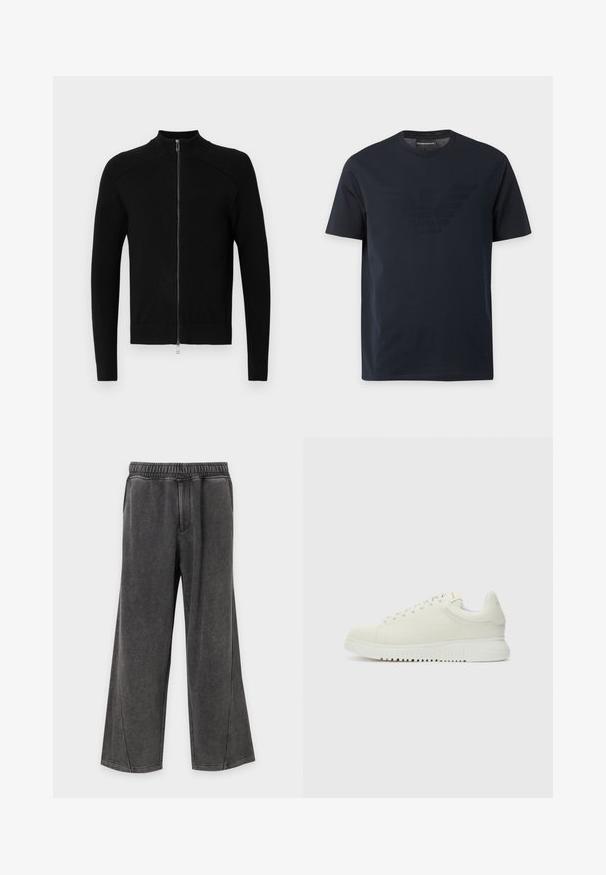 Pull noir zippé avec col haut, accents côtelés aux épaules et texture lisse sur le corps. Manches longues ajustées et ourlet droit.; T-shirt noir à manches courtes avec col rond, comportant un logo aigle en relief discret sur la poitrine et une étiquette de marque à l'intérieur du col.; Pantalon gris foncé à jambes larges avec ceinture élastique et deux poches latérales, fabriqué en tissu doux et confortable.; Baskets blanches en cuir avec un dessus texturé, bout rond, semelle plate blanche et lacets ton sur ton. Marque discrète sur la languette.