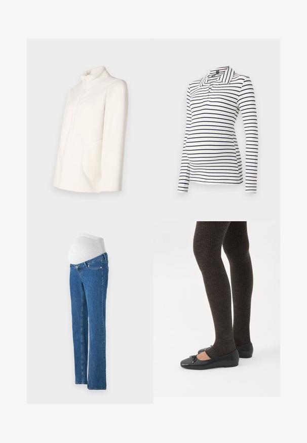 Veste en polaire blanche avec un col montant, une fermeture éclair et une poche latérale surdimensionnée. Texture douce et silhouette décontractée.; Polo pour femmes enceintes à manches longues, avec des rayures horizontales blanches et marines, texture côtelée et col avec patte de boutonnage mi-longue.; Vero Moda Maternity Straight fit maternity - Jean droit - medium blue denim; Jambes portant des leggings côtelés foncés associés à des ballerines noires avec de petits détails en nœud sur fond blanc.