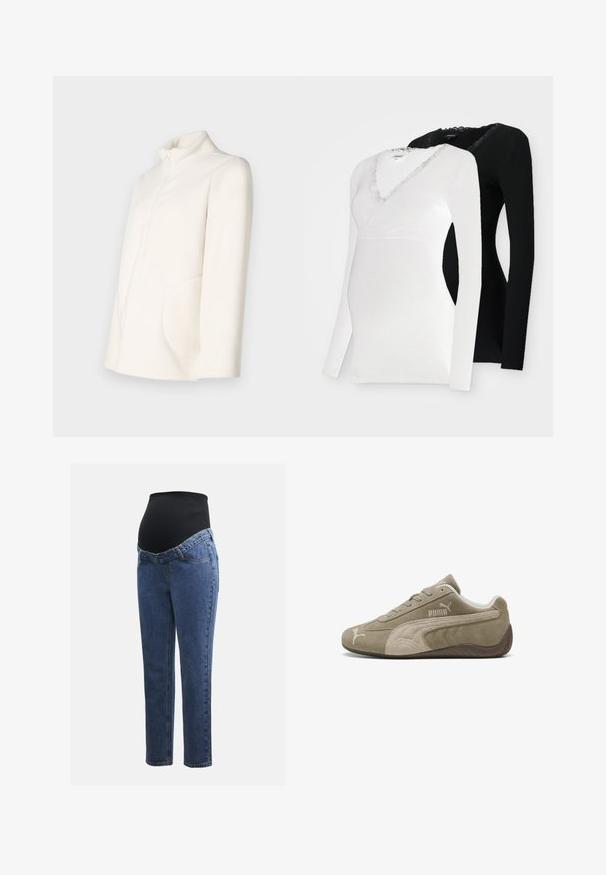 Veste en polaire blanche avec un col montant, une fermeture éclair et une poche latérale surdimensionnée. Texture douce et silhouette décontractée.; Deux hauts de maternité à manches longues : un blanc avec une bordure en dentelle au niveau du col en V et un noir. Tous deux sont fabriqués dans un tissu doux et extensible.; Jeans de maternité avec des jambes en denim bleu et un panneau abdominal noir extensible conçu pour soutenir et couvrir un ventre qui s'arrondit.; Baskets en daim marron clair avec des accents plus foncés, présentant un design bas, un système de laçage et un logo de marque sur le côté.