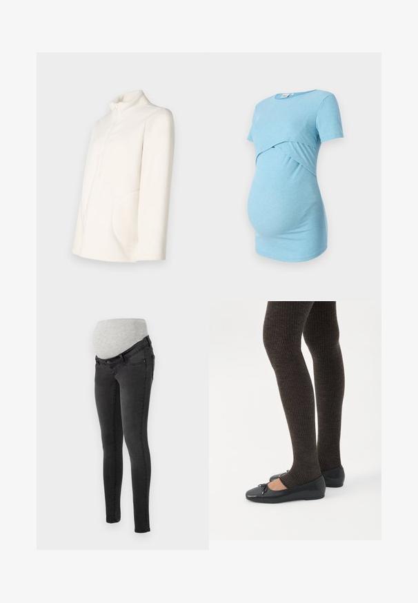 Veste en polaire blanche avec un col montant, une fermeture éclair et une poche latérale surdimensionnée. Texture douce et silhouette décontractée.; Un haut de maternité bleu clair à côtes avec des manches courtes et un design croisé à la taille, conçu pour le confort et l'élasticité.; Jeans de maternité en denim gris foncé avec une taille élastique grise douce pour plus de confort. Design ajusté avec poches standard.; Jambes portant des leggings côtelés foncés associés à des ballerines noires avec de petits détails en nœud sur fond blanc.